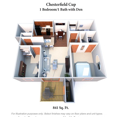 Floor plan for 1 bed, 1 bath, 841 sqft